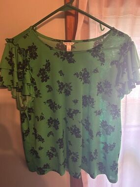 Cato Green Floral Ruffle Sleeve Top